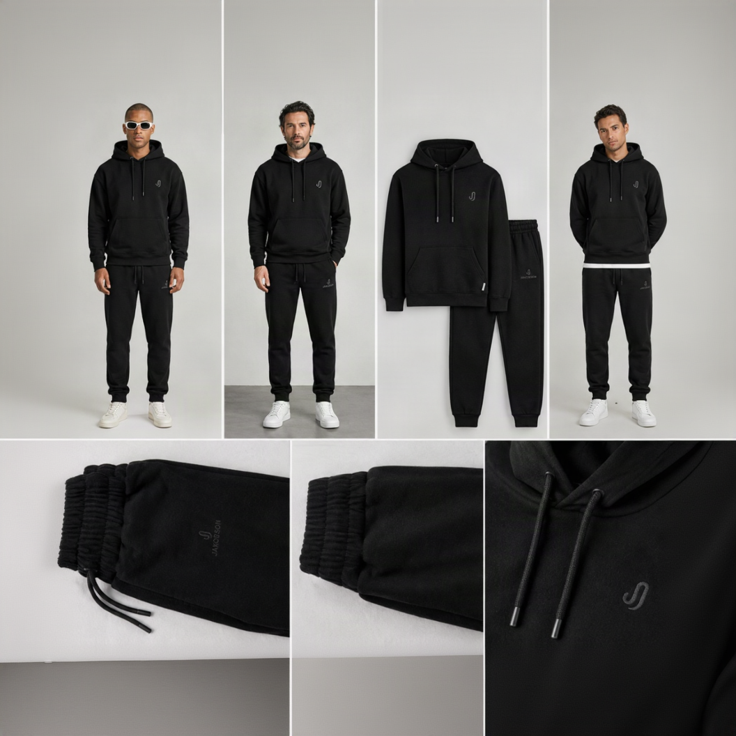 A five-panel product collage showing a black hooded sweatshirt and matching jogger pants. The top row includes two full-body views of a man wearing the set, and the bottom row shows close-up views of the jogger cuffs and hood details.