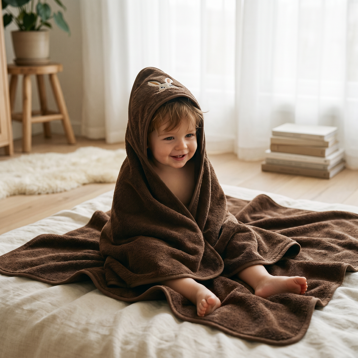 Dark brown baby towel with soft hood
