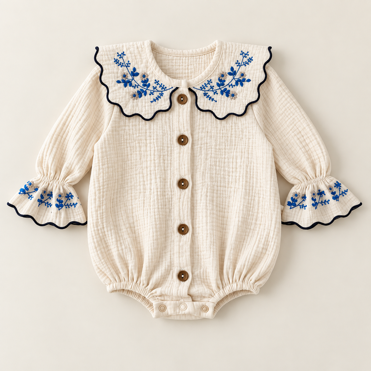 An ivory baby bodysuit made of soft muslin fabric, featuring a large scalloped Peter Pan collar with blue floral embroidery and navy trim, long sleeves with matching embroidered cuffs, and buttons down the front.