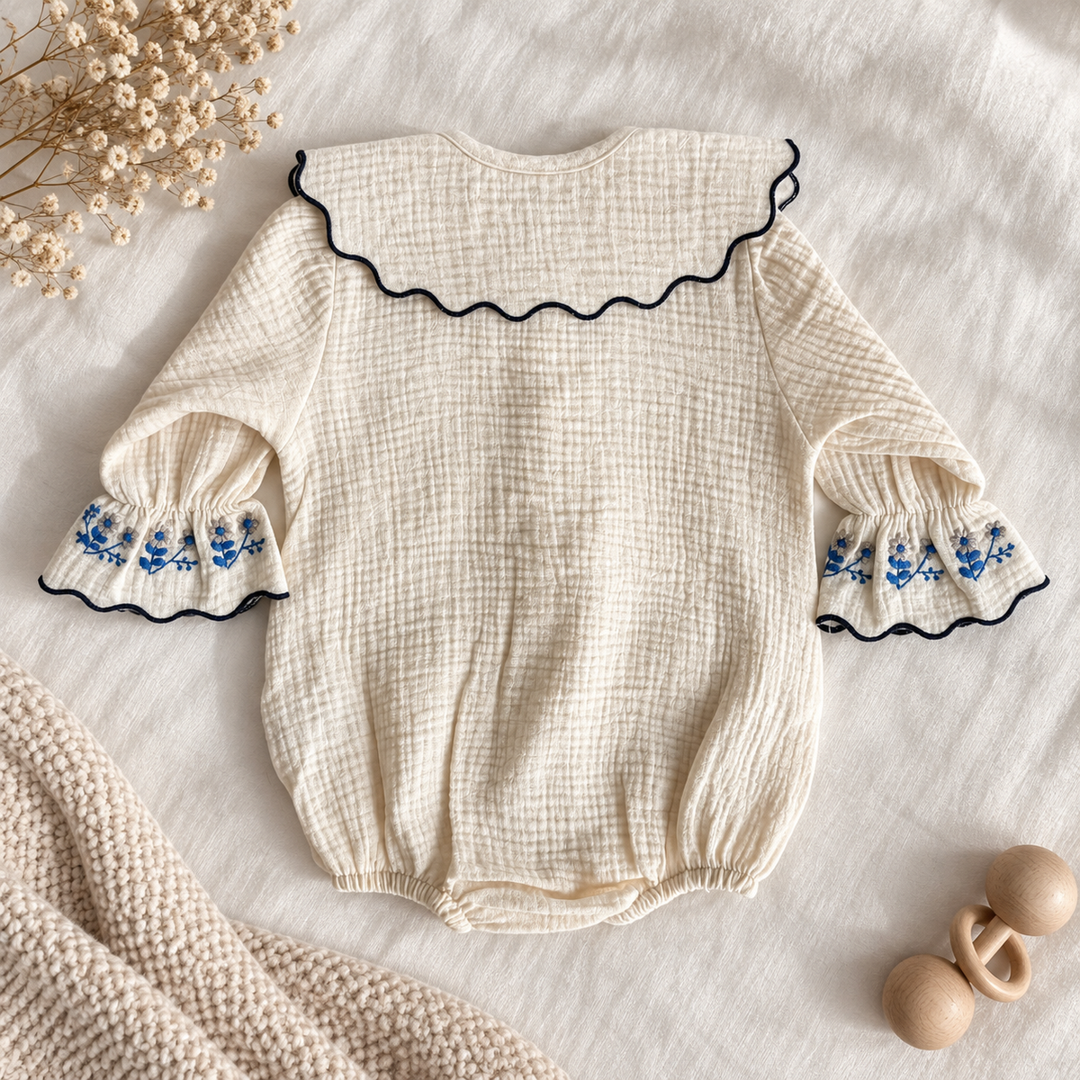 An ivory muslin baby bodysuit with a large scalloped Peter Pan collar trimmed in navy, and matching embroidered cuffs, laid flat on a white fabric background with baby props.