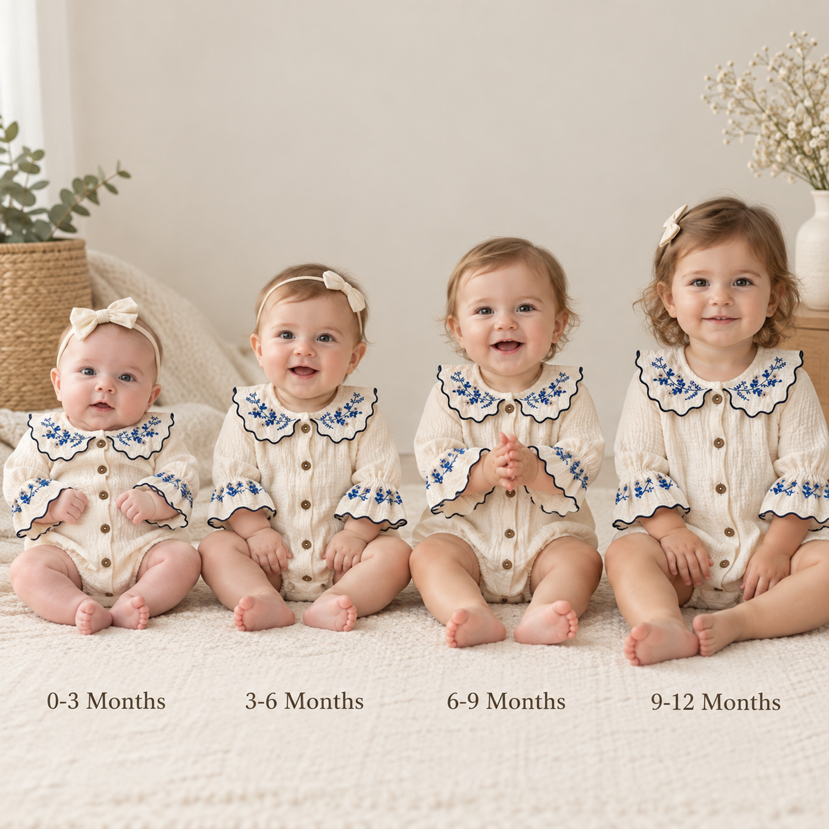 Four babies sitting side by side wearing matching ivory muslin bodysuits with blue floral embroidery on the Peter Pan collar and front buttons. Age labels shown: 0-3 Months, 3-6 Months, 6-9 Months, 9-12 Months.