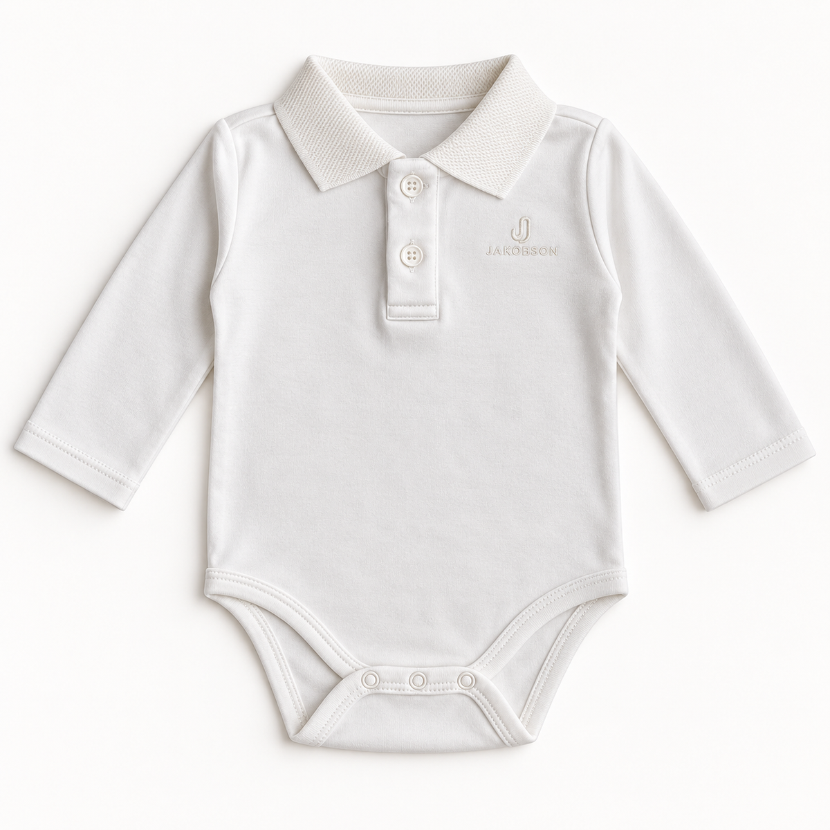 An ecru long-sleeve baby bodysuit styled like a polo shirt, with a two-button placket, a small embroidered logo on the left chest, and snap closures at the crotch, on a clean white background.