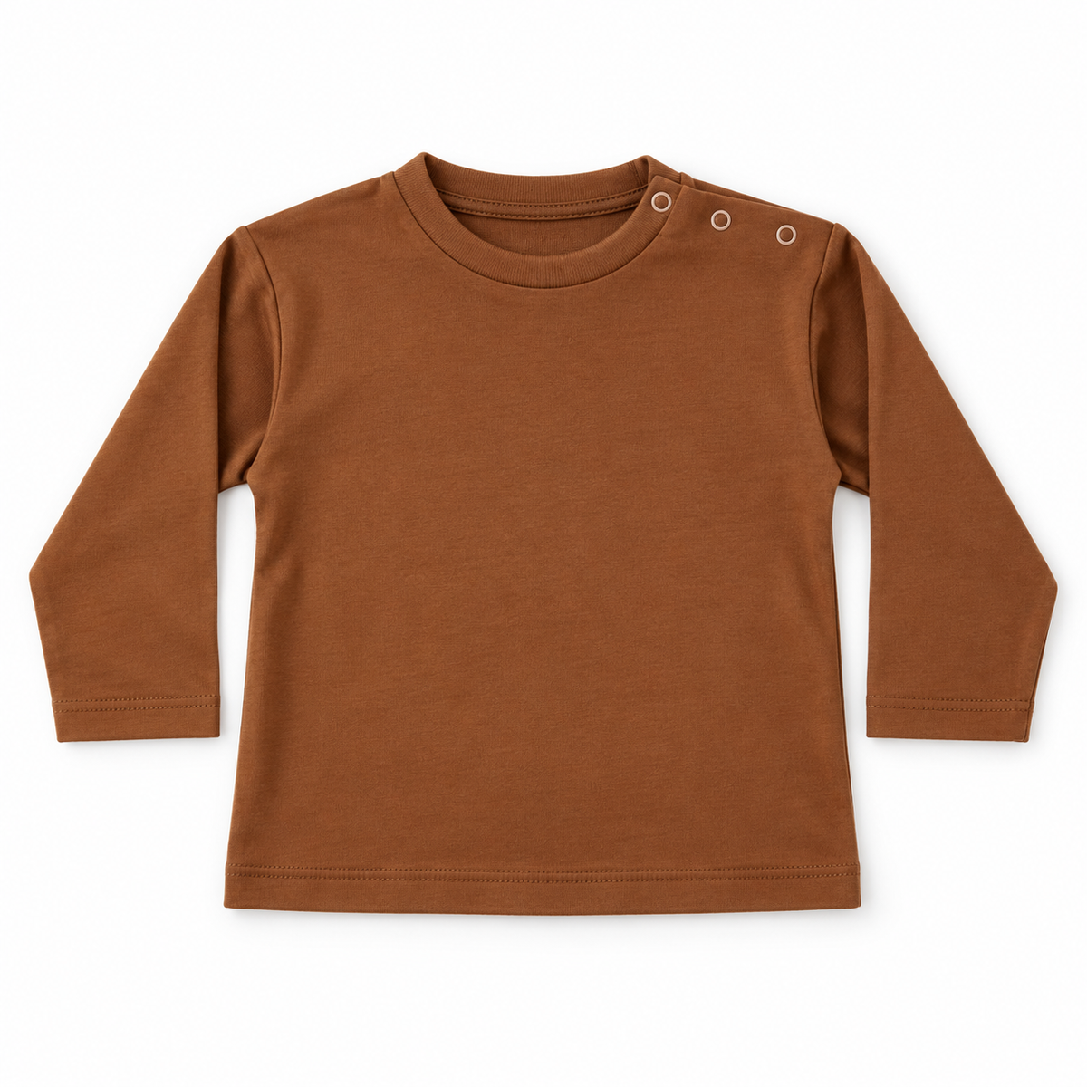 A long-sleeve baby t-shirt in a warm rust brown color, featuring a crew neck and three metal snap buttons on the left shoulder, displayed flat against a white background.