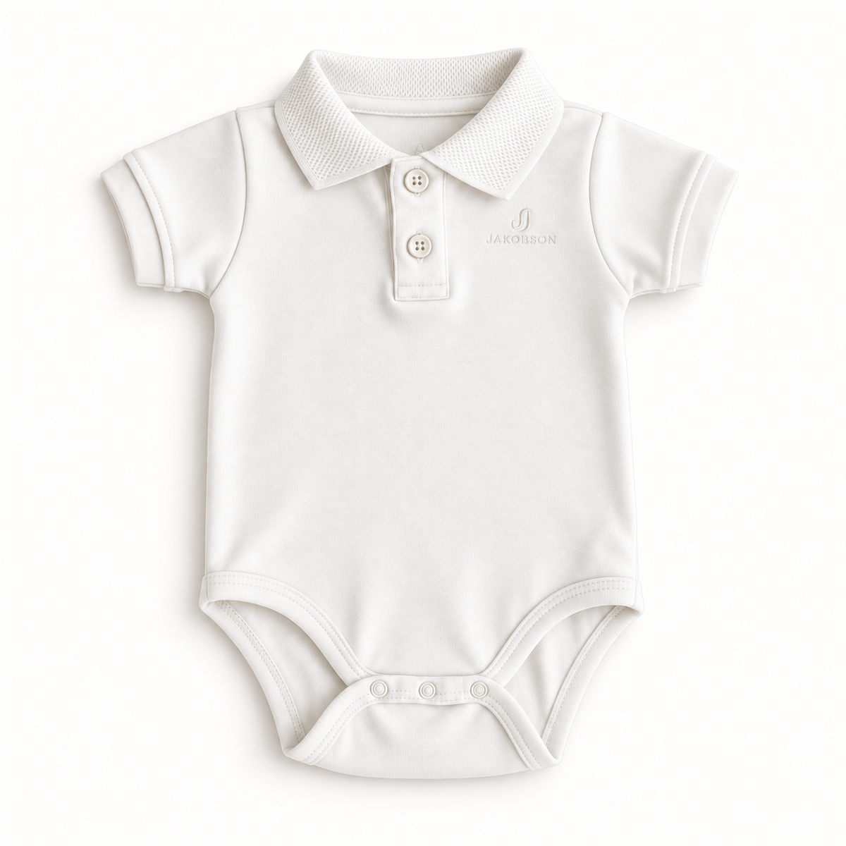An ecru short-sleeve baby polo bodysuit with a three-button placket and a small embroidered JAKOBSON logo on the left chest, displayed flat against a clean white background.