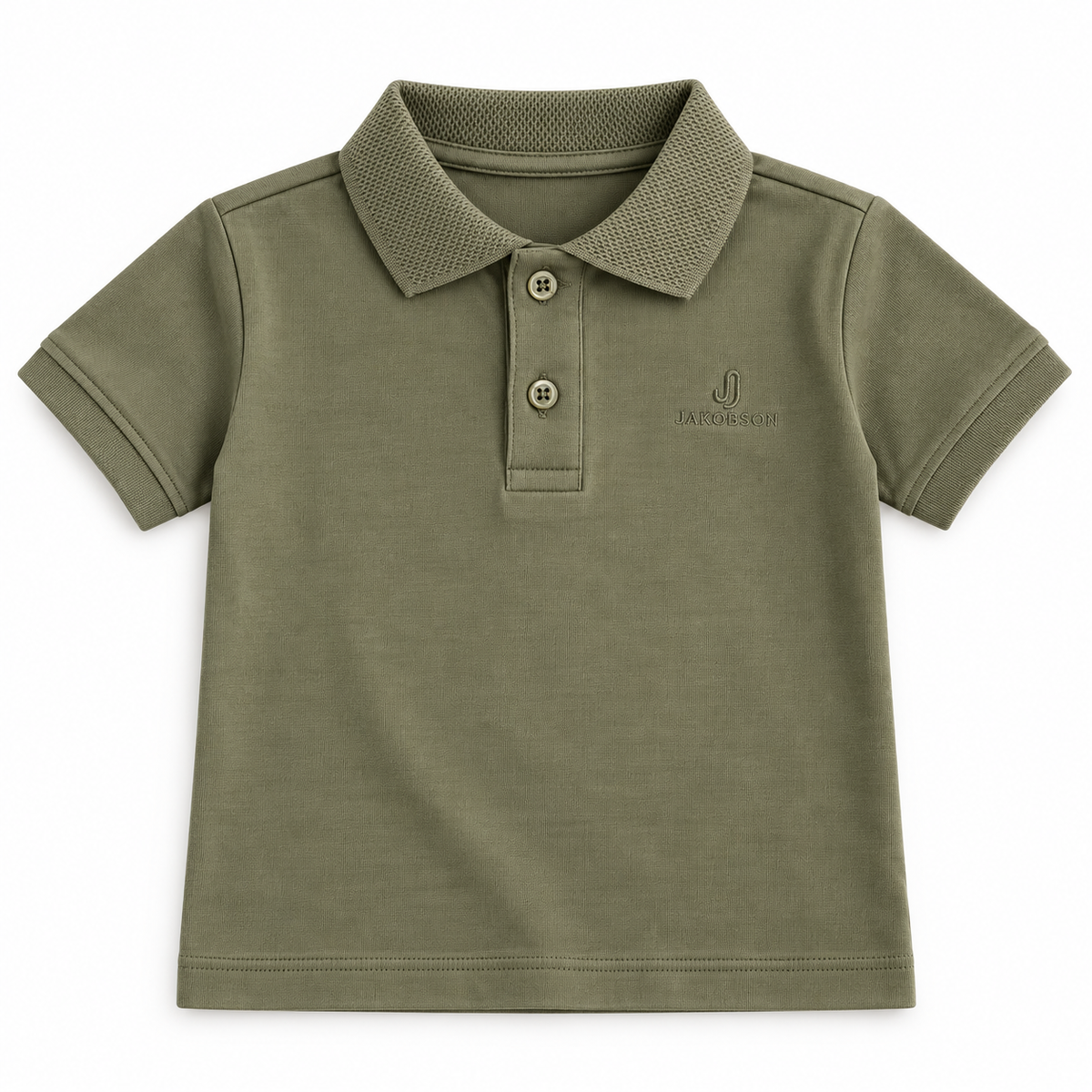 Olive green short-sleeve toddler polo shirt with a collar and two-button placket, flat on a white background