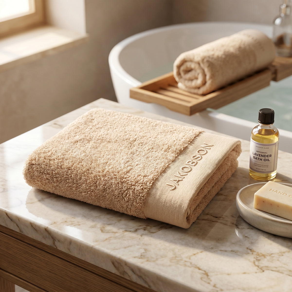 Organic cotton terry bath towel in beige with Jakobson branding displayed on a marble surface with lavender oil and soap