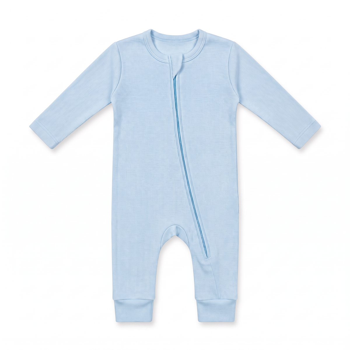 A light blue long-sleeve baby footless romper with an asymmetrical zipper, photographed flat on a white background.