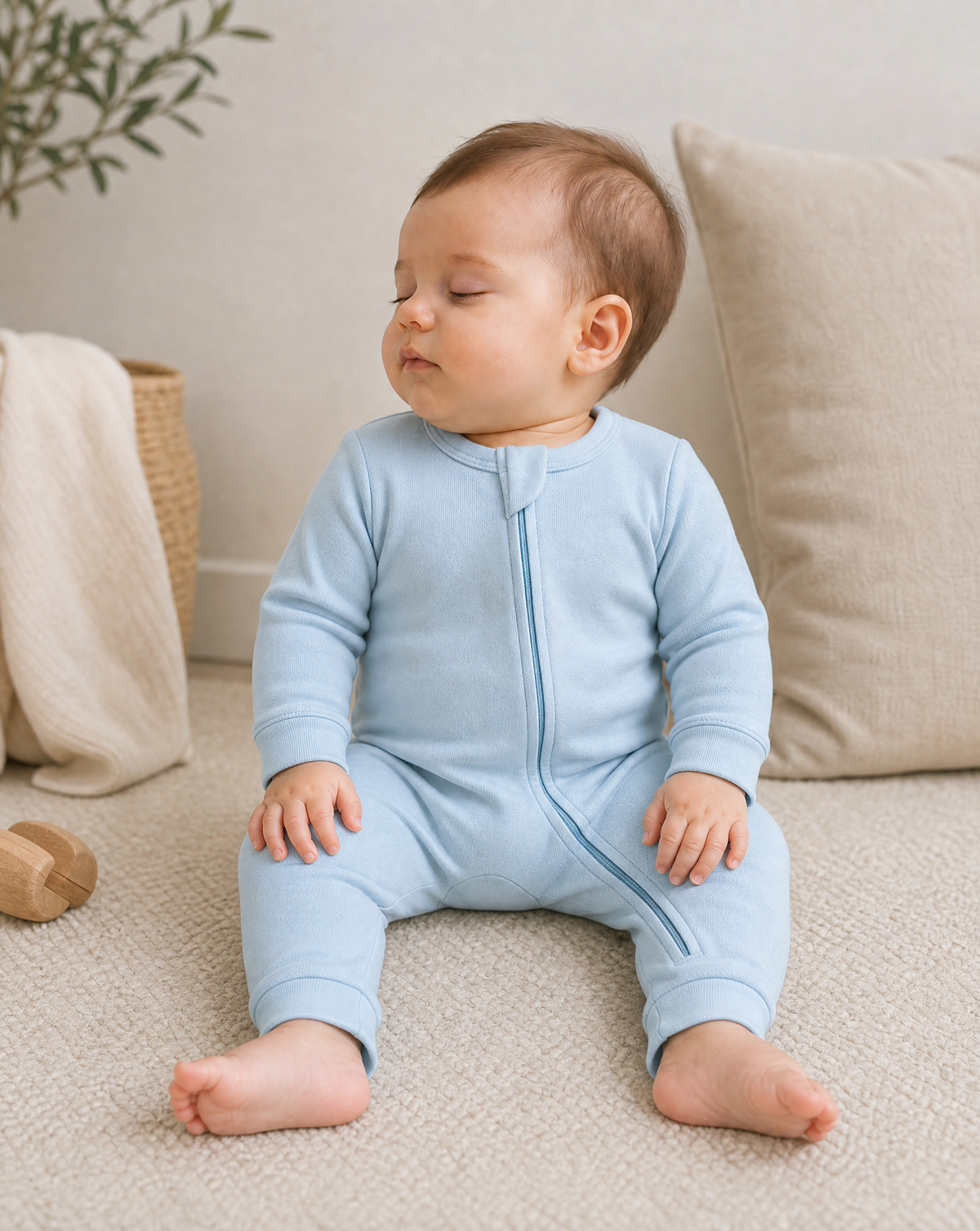 A baby wearing a light blue long-sleeve zip-front footless romper sits on a beige carpet in a cozy room setting with a pillow and blanket in the background.