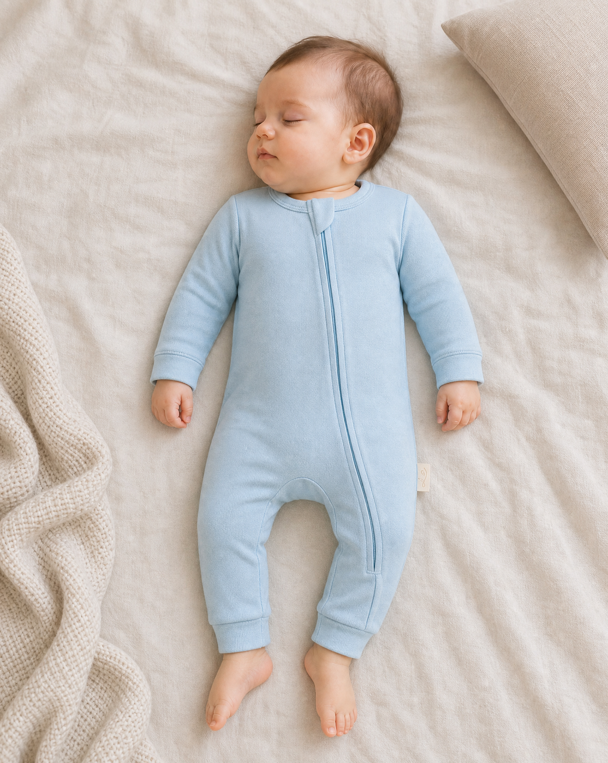 A baby lying on a cream-colored bed, wearing a light blue long-sleeve footless romper with a front zipper.