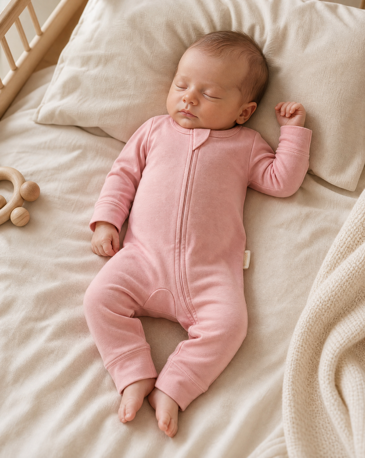 A sleeping newborn baby wearing a light pink long-sleeve zip-front footless romper, lying on a cream-colored bed sheet with a wooden crib edge, cream pillow, and a wooden teether nearby.