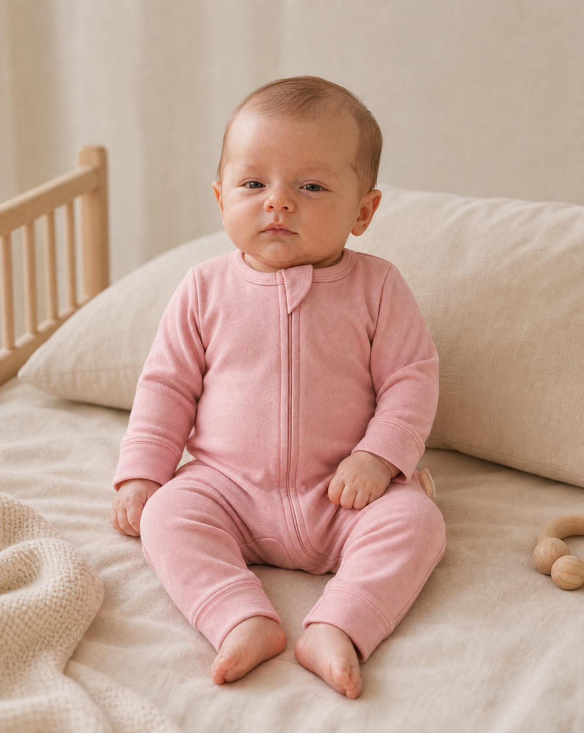 A baby sitting on a cream-colored bed wearing a dusty pink long-sleeve zip-up romper.