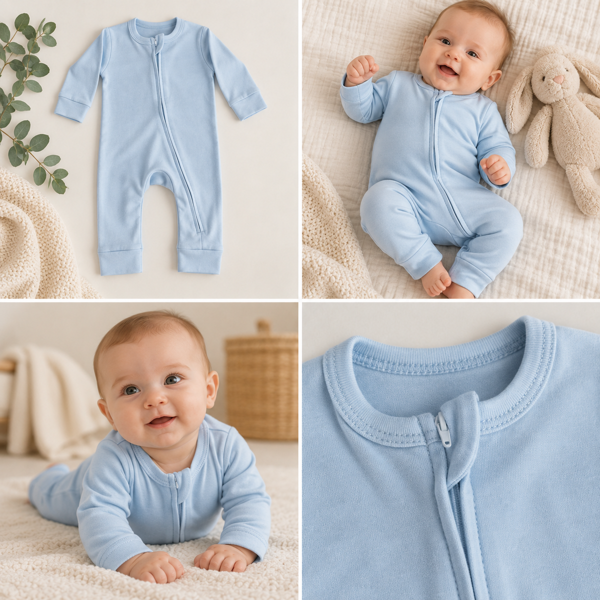 A baby long-sleeve footless zip-front romper shown in a four-panel collage: one flat-lay view on a cream surface with a plant sprig, one top-down view of a smiling baby lying on a blanket with a stuffed bunny, one side view of the baby crawling on the blanket, and one close-up of the collar and zipper.