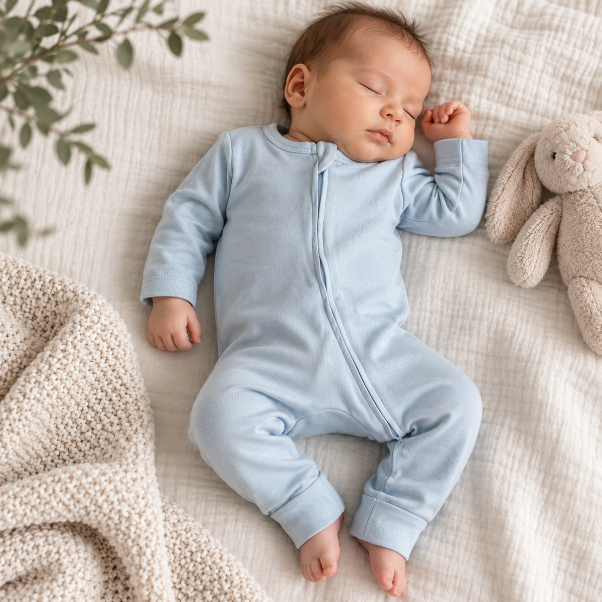 A sleeping newborn baby wearing a light blue long-sleeve zip-front romper, lying on a textured cream blanket next to a beige stuffed bunny toy.