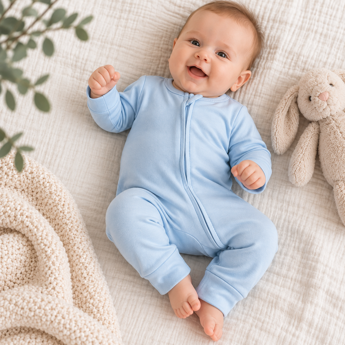 A baby lying on a textured cream blanket, wearing a light blue long-sleeve zip-front romper. A beige plush bunny toy and a knitted cream throw blanket are beside the baby, with soft green leaves entering from the top left corner.