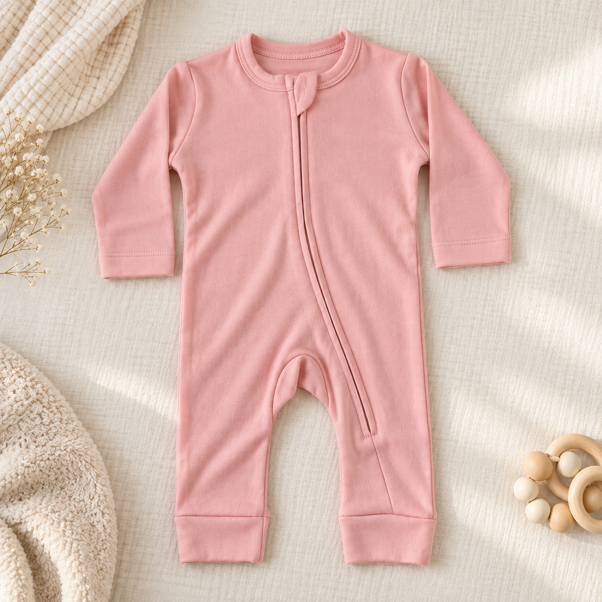 A baby long-sleeve footless romper in soft dusty pink, laid flat on a textured cream fabric with neutral props including a wooden teething ring and dried flowers.