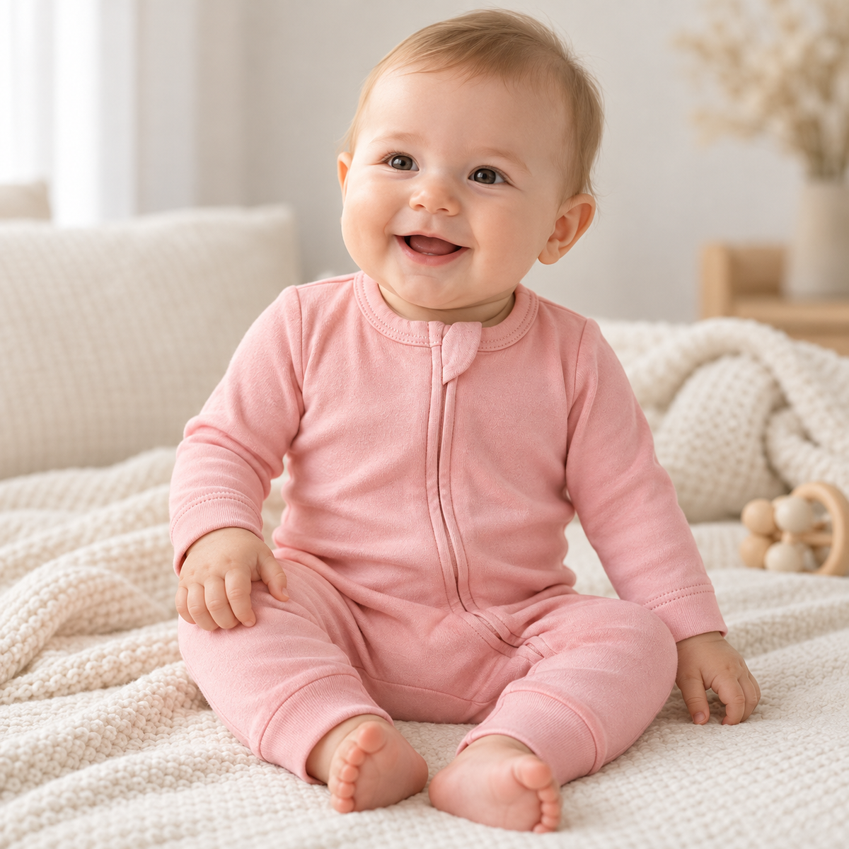 A smiling baby sitting on a cream knit blanket wearing a light pink long-sleeve zip-front romper in a softly lit nursery setting.