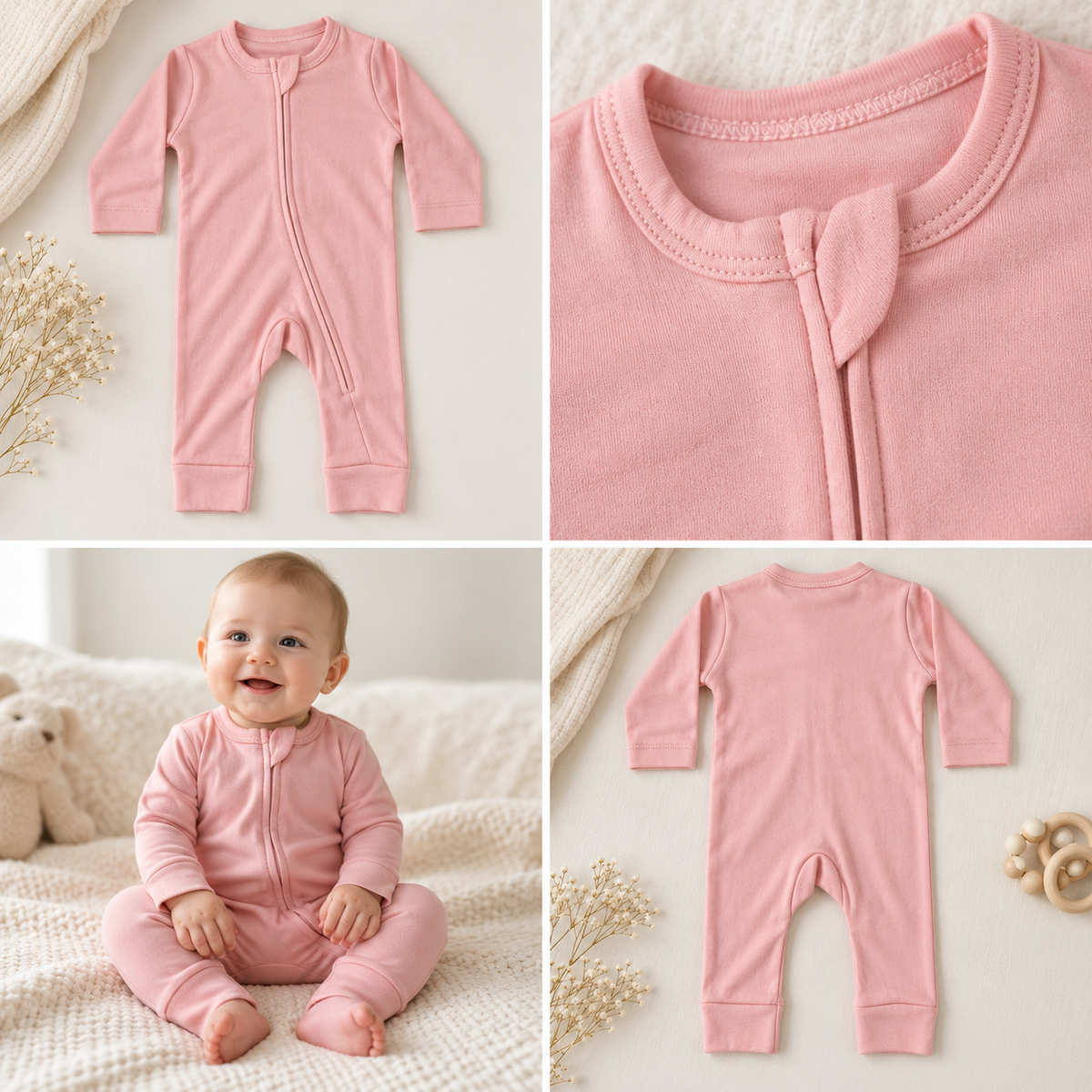 A baby pink long-sleeve footless zip-front romper shown in a four-panel collage: flat lay views from the front and back, and a baby wearing it while sitting on a cream textured blanket.