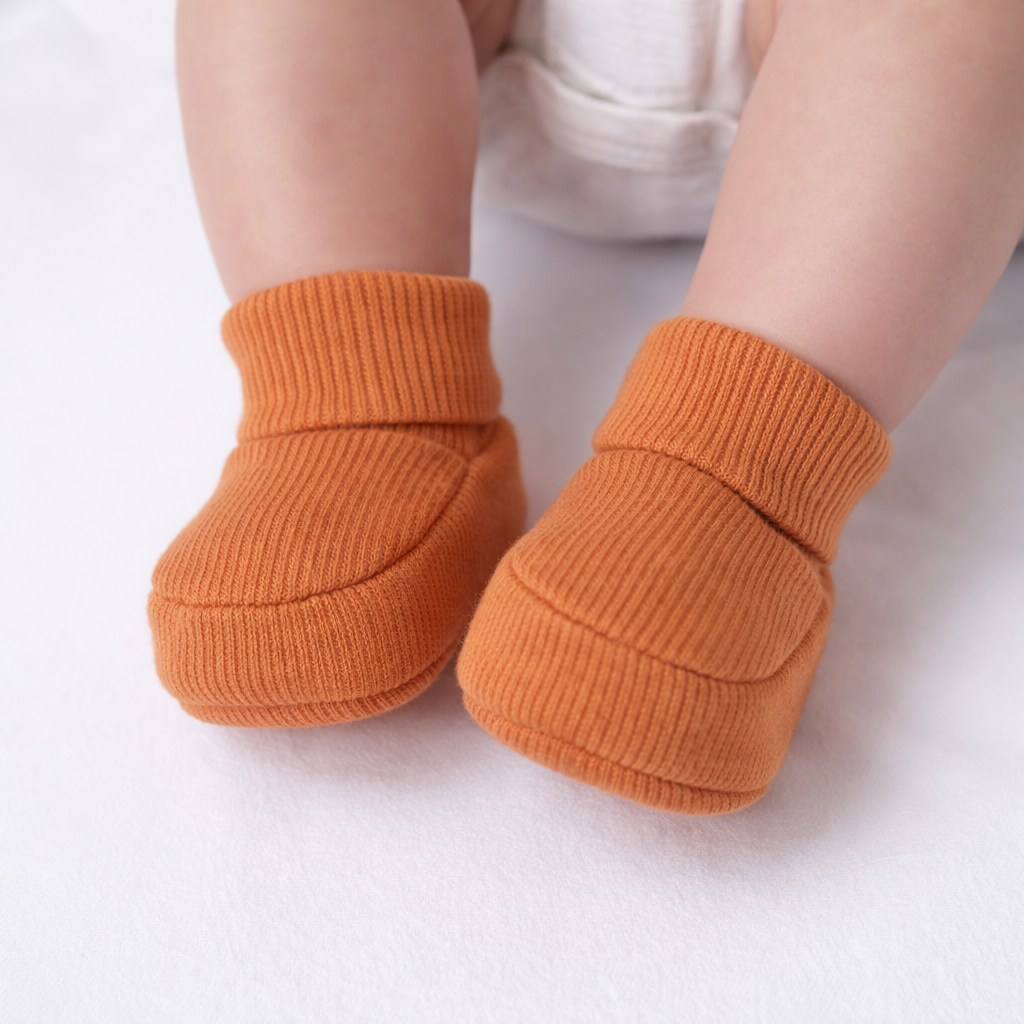 Baby wearing organic cotton bronze baby booties on a white background