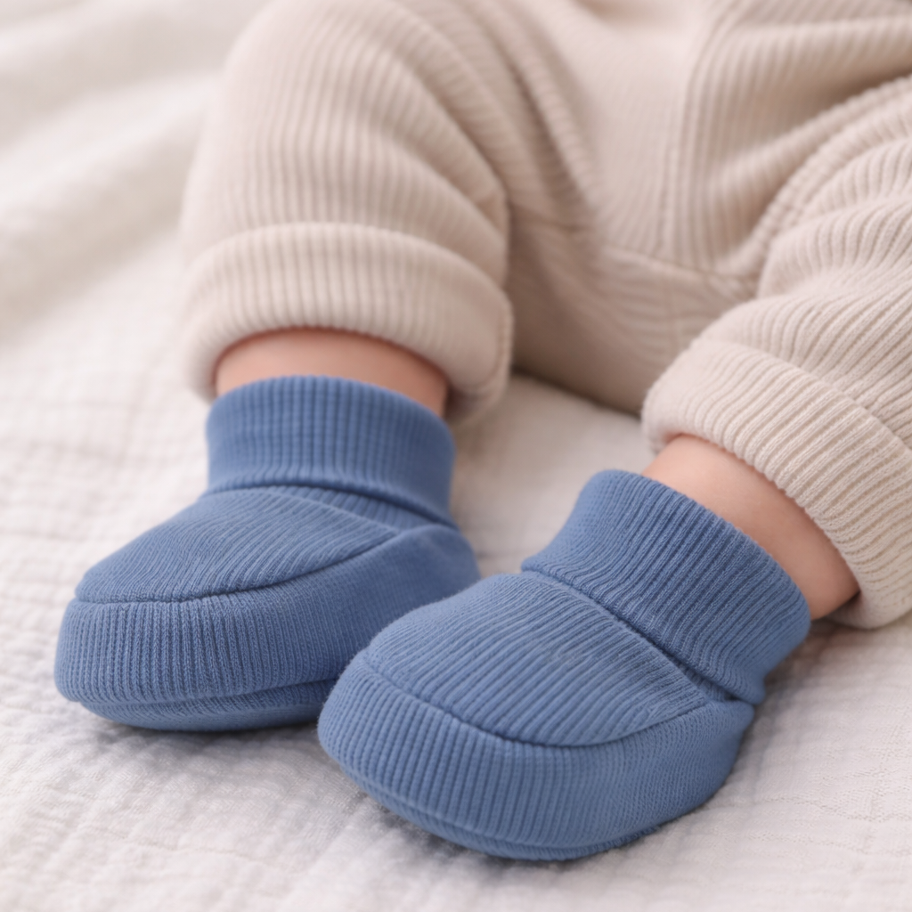 Baby wearing organic cotton navy blue baby booties with soft beige pants