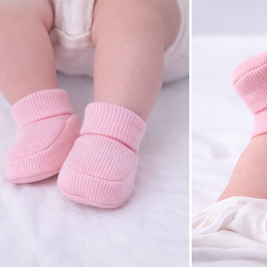 Baby wearing organic cotton pink baby booties on a white background