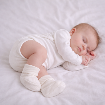 Newborn baby wearing organic cotton white baby booties while sleeping on a soft white blanket