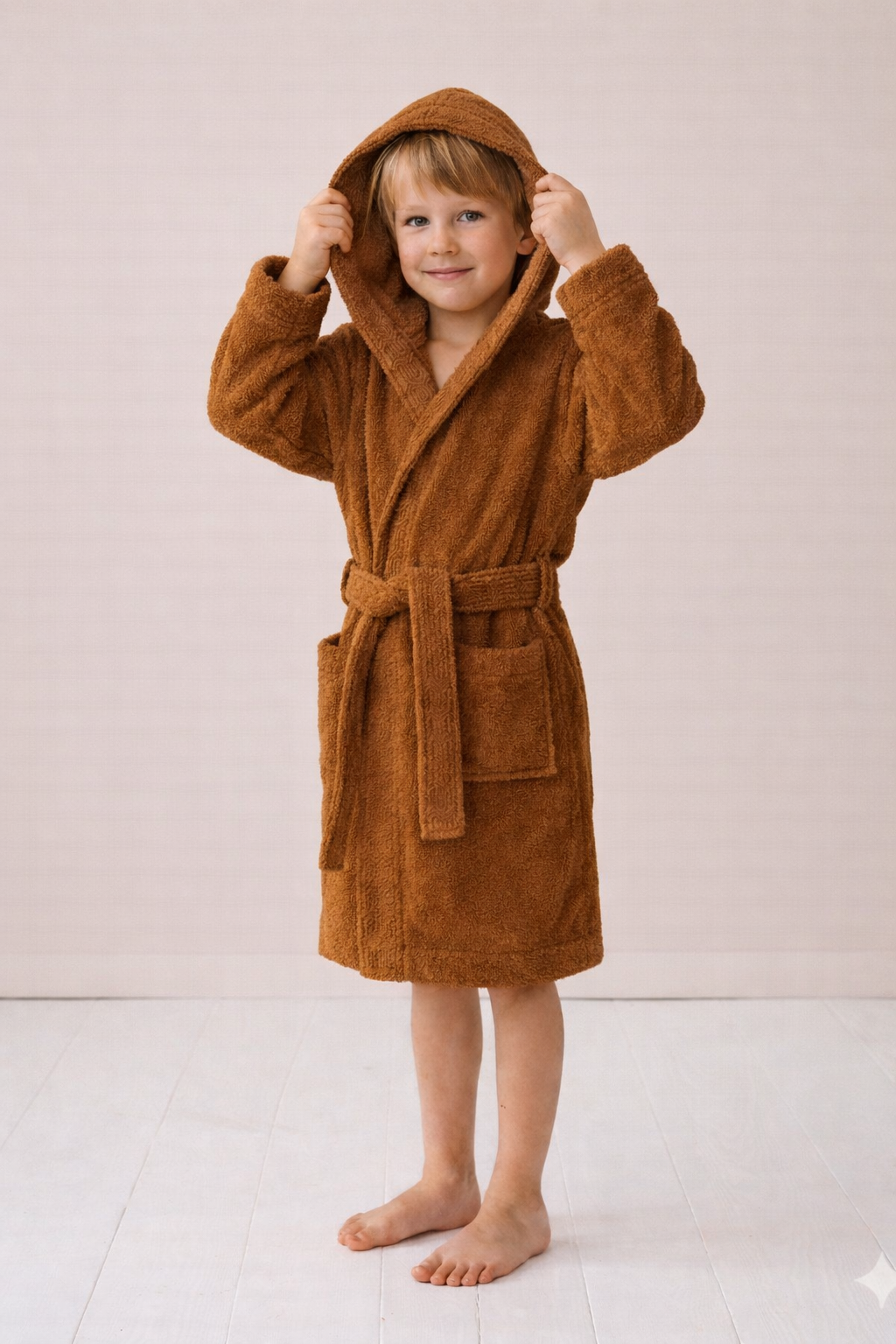 Organic children's terry bathrobe in cinnamon made from 100% organic cotton
