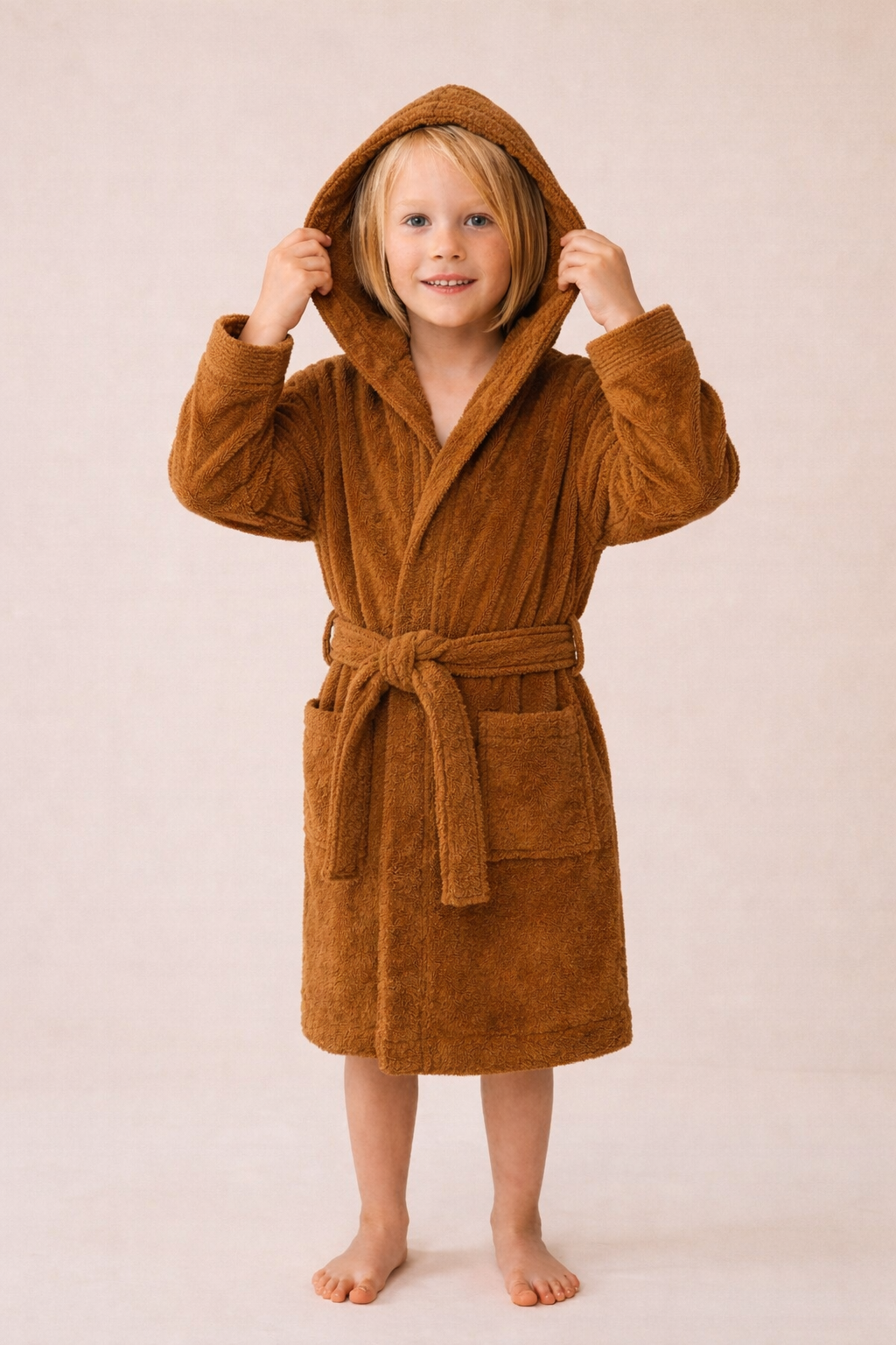 Child wearing organic children's terry bathrobe in cinnamon made from 100% organic cotton