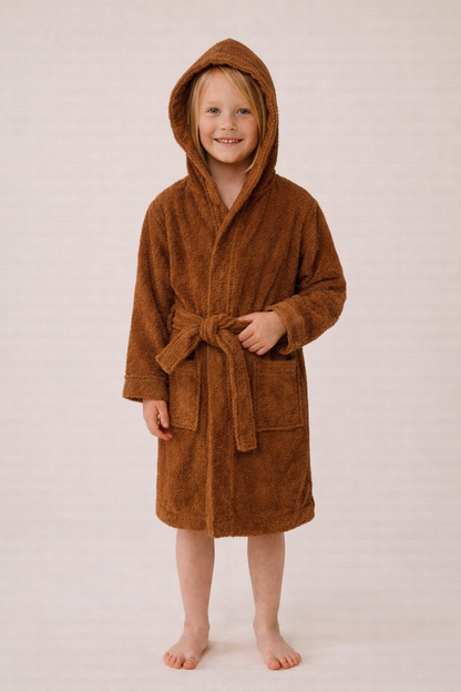 Organic children's terry bathrobe in cinnamon made from 100% organic cotton