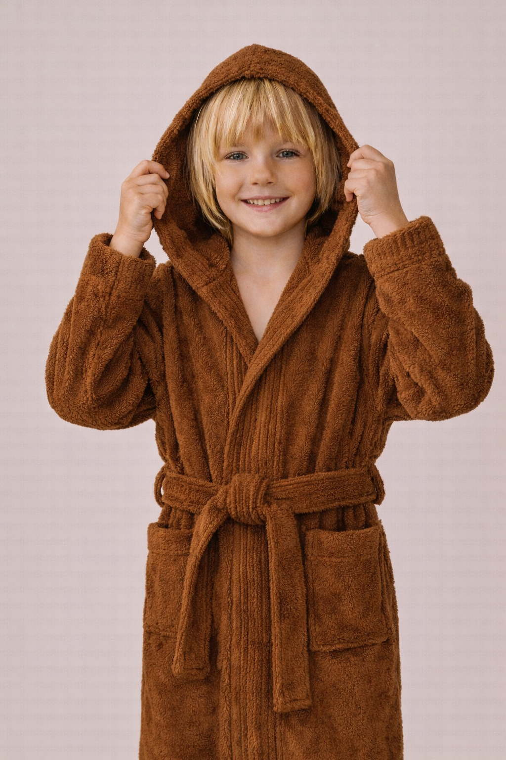 Organic children's terry bathrobe in cinnamon made from 100% organic cotton