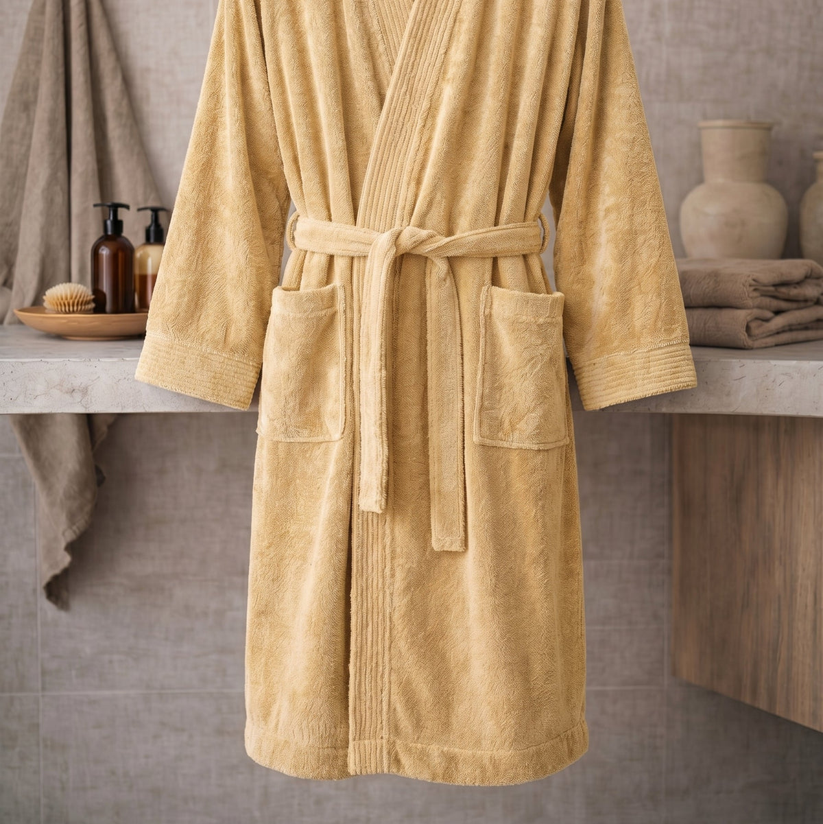 Beige robe on a wooden surface with a neutral background beige