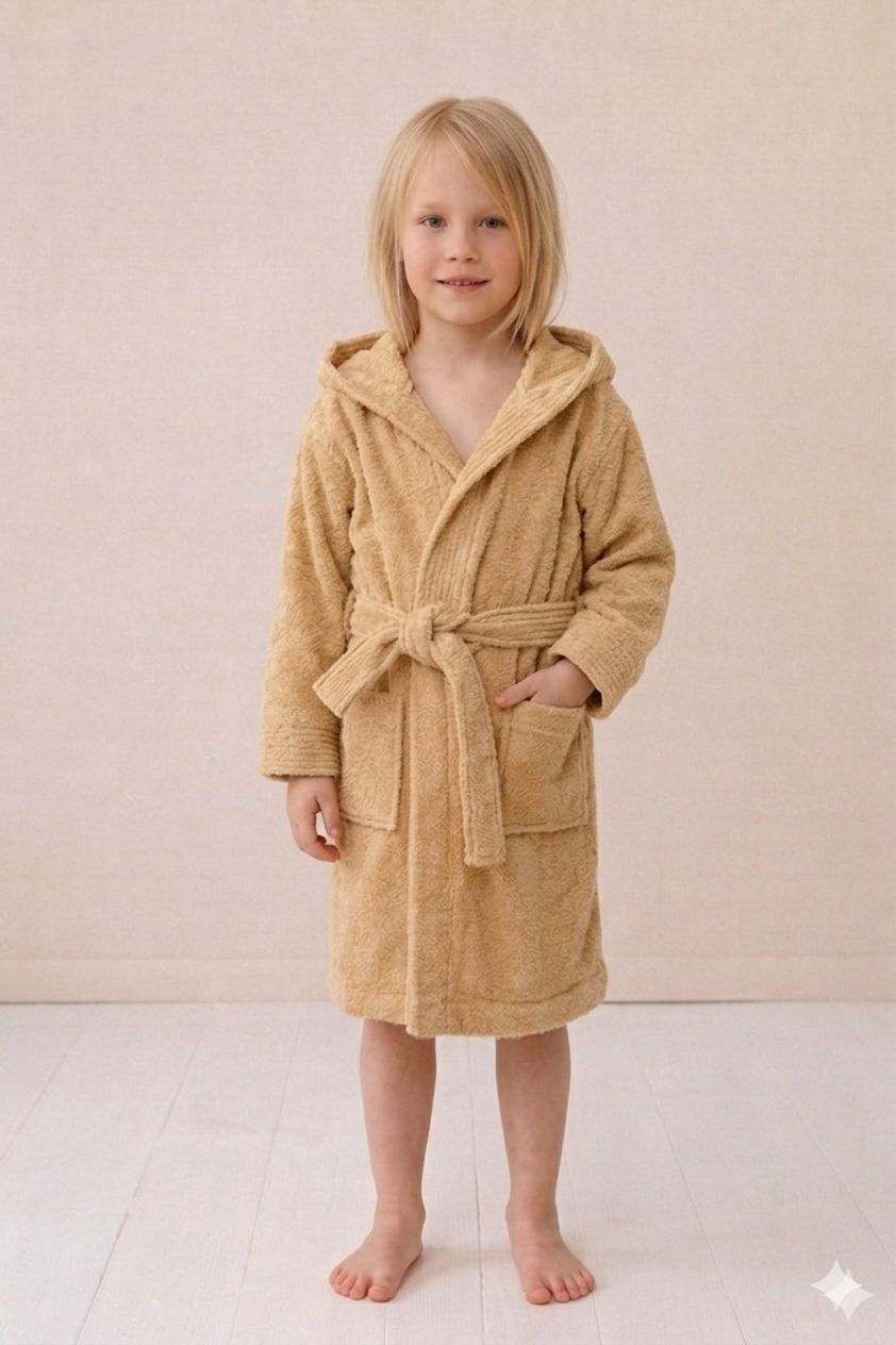 Child wearing a beige hooded robe on a plain background
