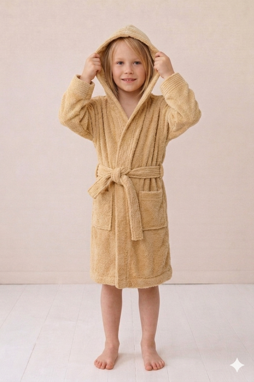 Child wearing a beige robe on a plain background