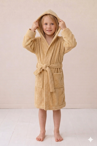 Child wearing a beige robe on a plain background