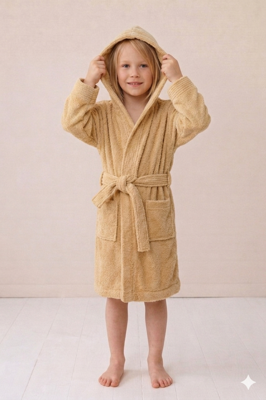 Child wearing a beige robe on a plain background