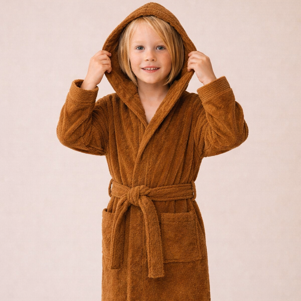 Child wearing organic children's terry bathrobe in cinnamon made from 100% organic cotton
