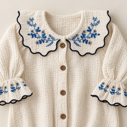 Close-up of an ivory muslin bodysuit with a large scalloped Peter Pan collar and matching embroidered cuffs, decorated with blue floral embroidery and buttons.