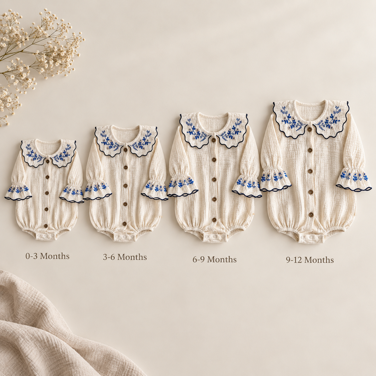 Four ivory muslin baby bodysuits in different sizes arranged in a row, each with blue floral embroidery on the Peter Pan collar and cuffs, navy scalloped trim, and front buttons. Age ranges shown: 0-3 Months, 3-6 Months, 6-9 Months, 9-12 Months.
