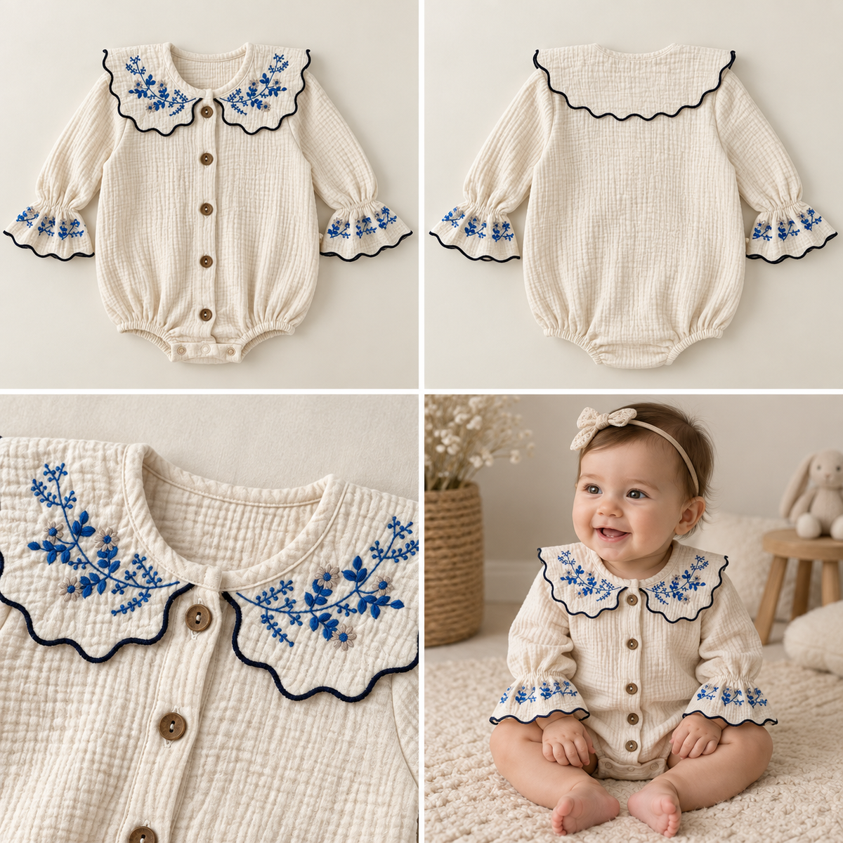 A baby bodysuit shown in four panels: two flat-lay views from the front and back, and one lifestyle photo of a smiling baby wearing it. The bodysuit is ivory muslin fabric with a large embroidered floral Peter Pan collar in blue, navy trim, and buttons.