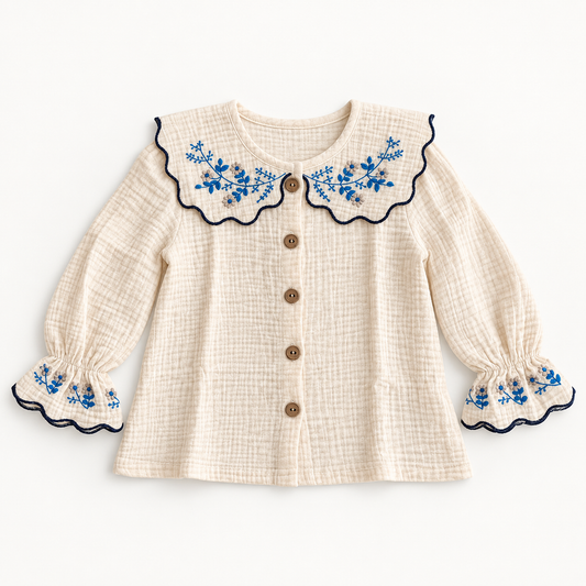 Embroidered Peter Pan collar muslin top in ivory, flat lay front view
