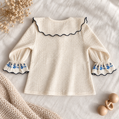 Embroidered Peter Pan collar muslin top in ivory, styled view