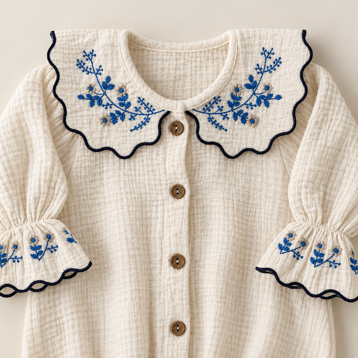 Close-up of embroidered Peter Pan collar muslin top in ivory