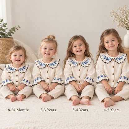 Group of children wearing embroidered Peter Pan collar muslin tops in ivory