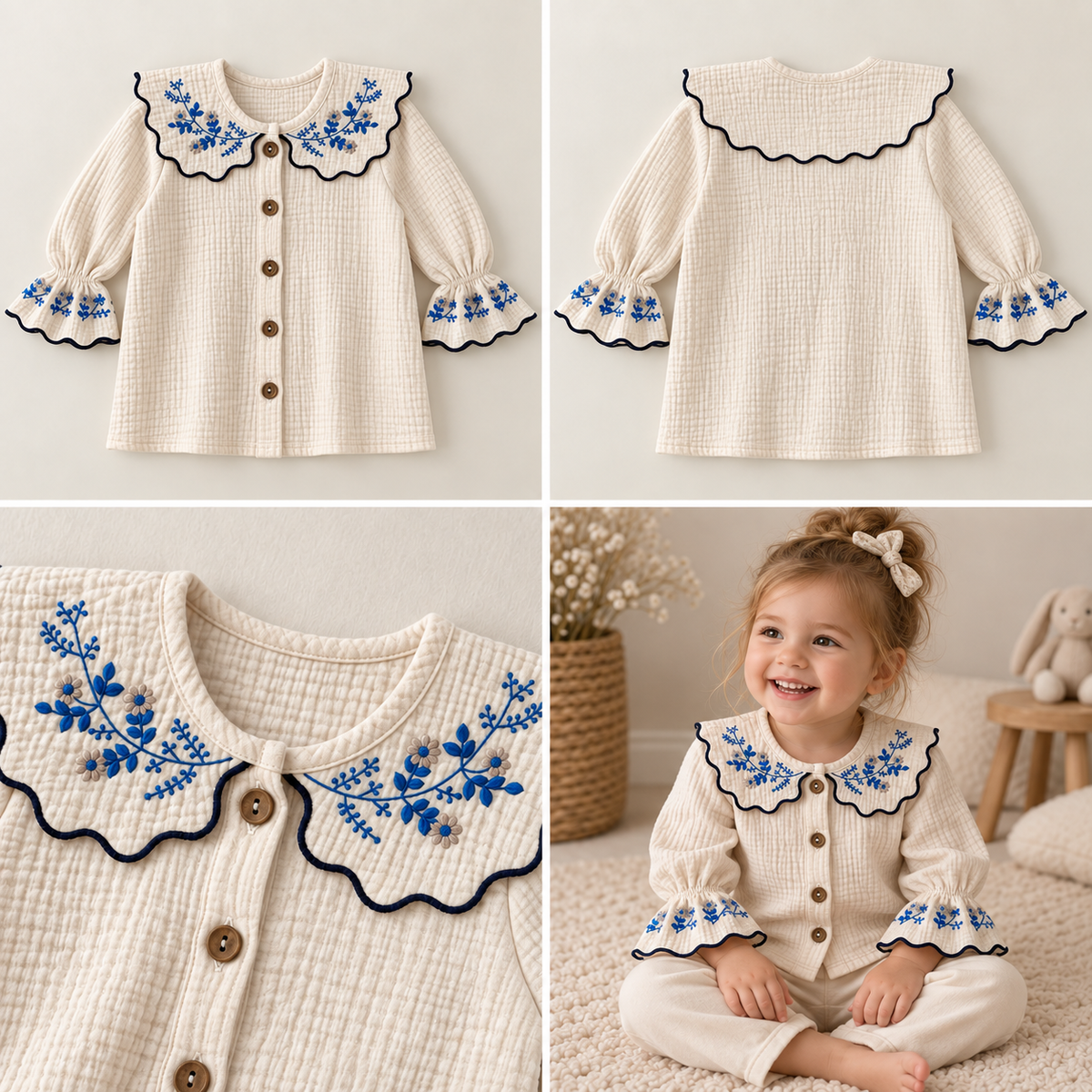 Group of children wearing embroidered Peter Pan collar muslin tops in ivory, different sizes