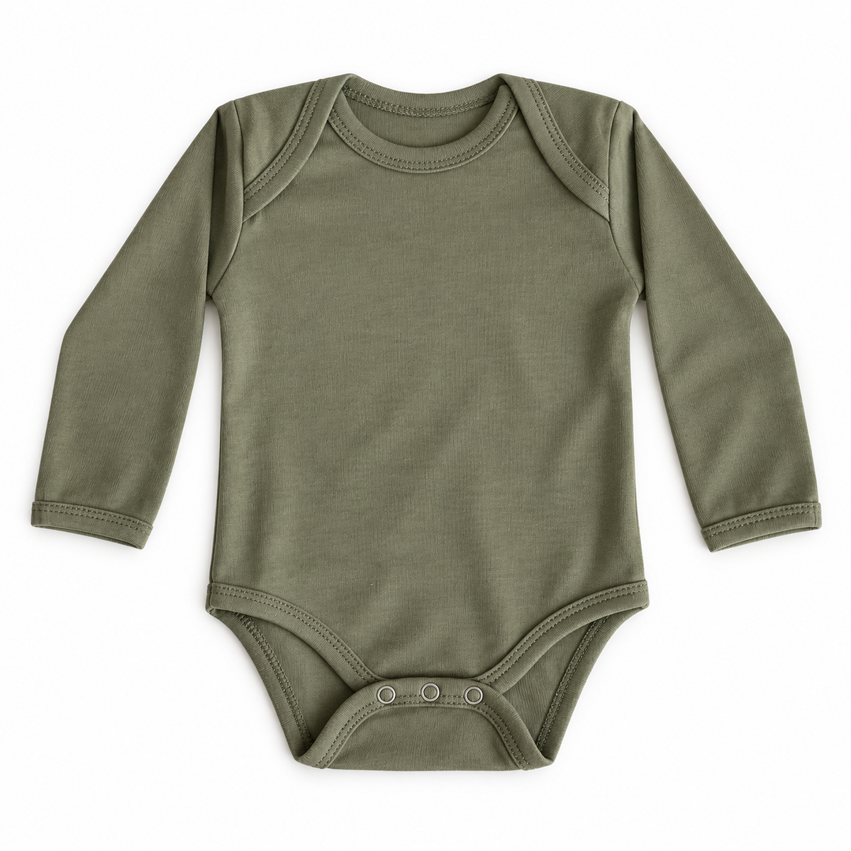 An olive green long-sleeve baby bodysuit with three snap buttons at the crotch, laid flat on a white background.