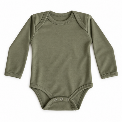 An olive green long-sleeve baby bodysuit with three snap buttons at the crotch, laid flat on a white background.