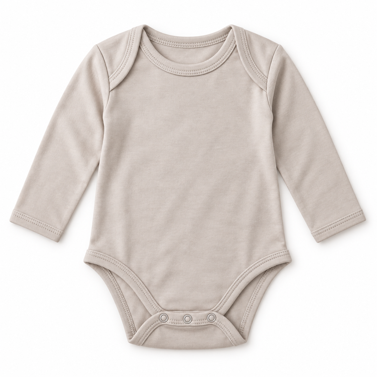 A long-sleeve baby bodysuit in a light taupe-beige color, featuring three snap buttons at the crotch, laid flat on a white background.