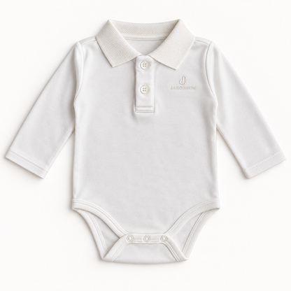 An ecru long-sleeve baby bodysuit styled like a polo shirt, with a two-button placket, a small embroidered logo on the left chest, and snap closures at the crotch, on a clean white background.
