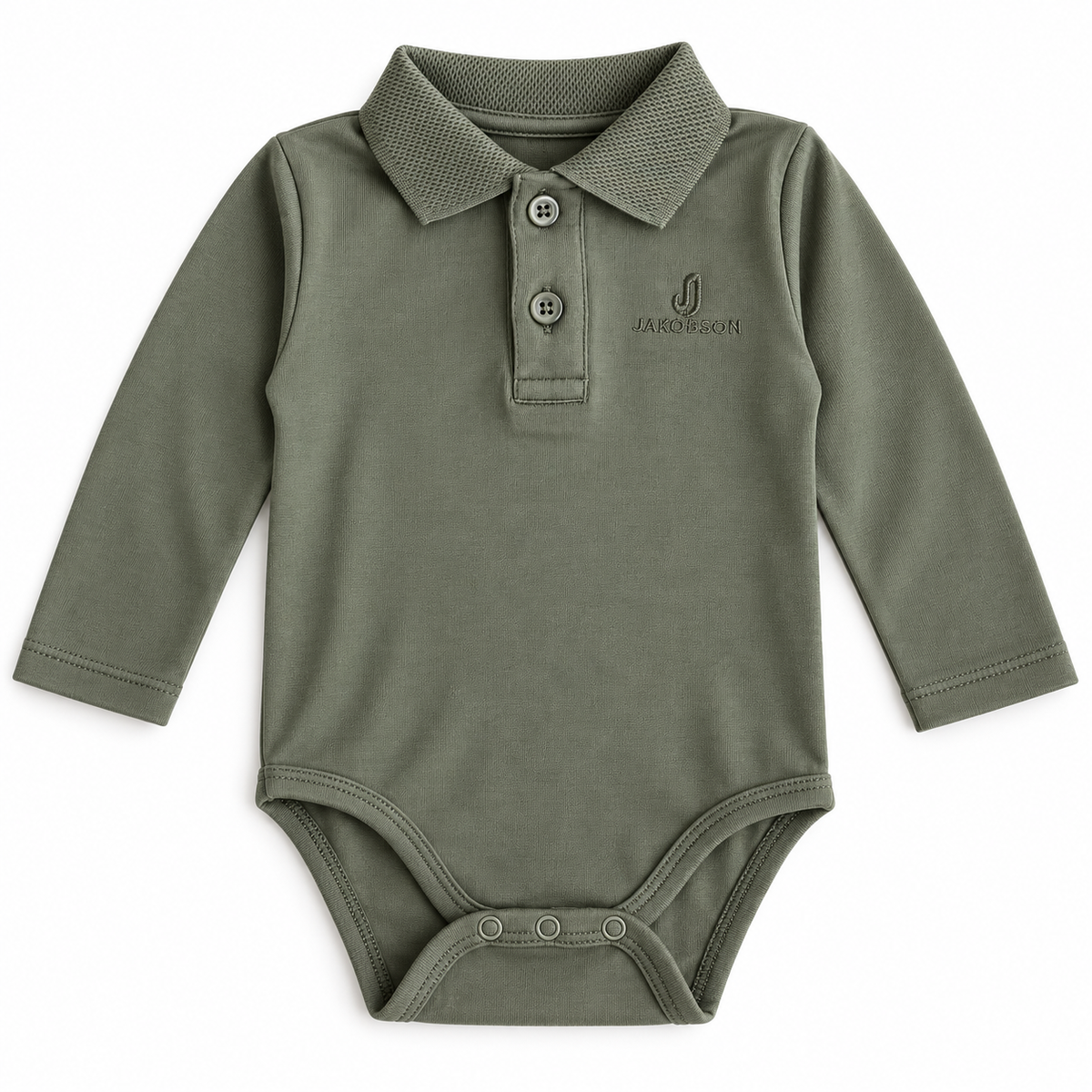 An olive green long-sleeve baby bodysuit styled like a polo shirt, featuring a two-button placket and a small embroidered logo on the chest, shown against a plain white background.