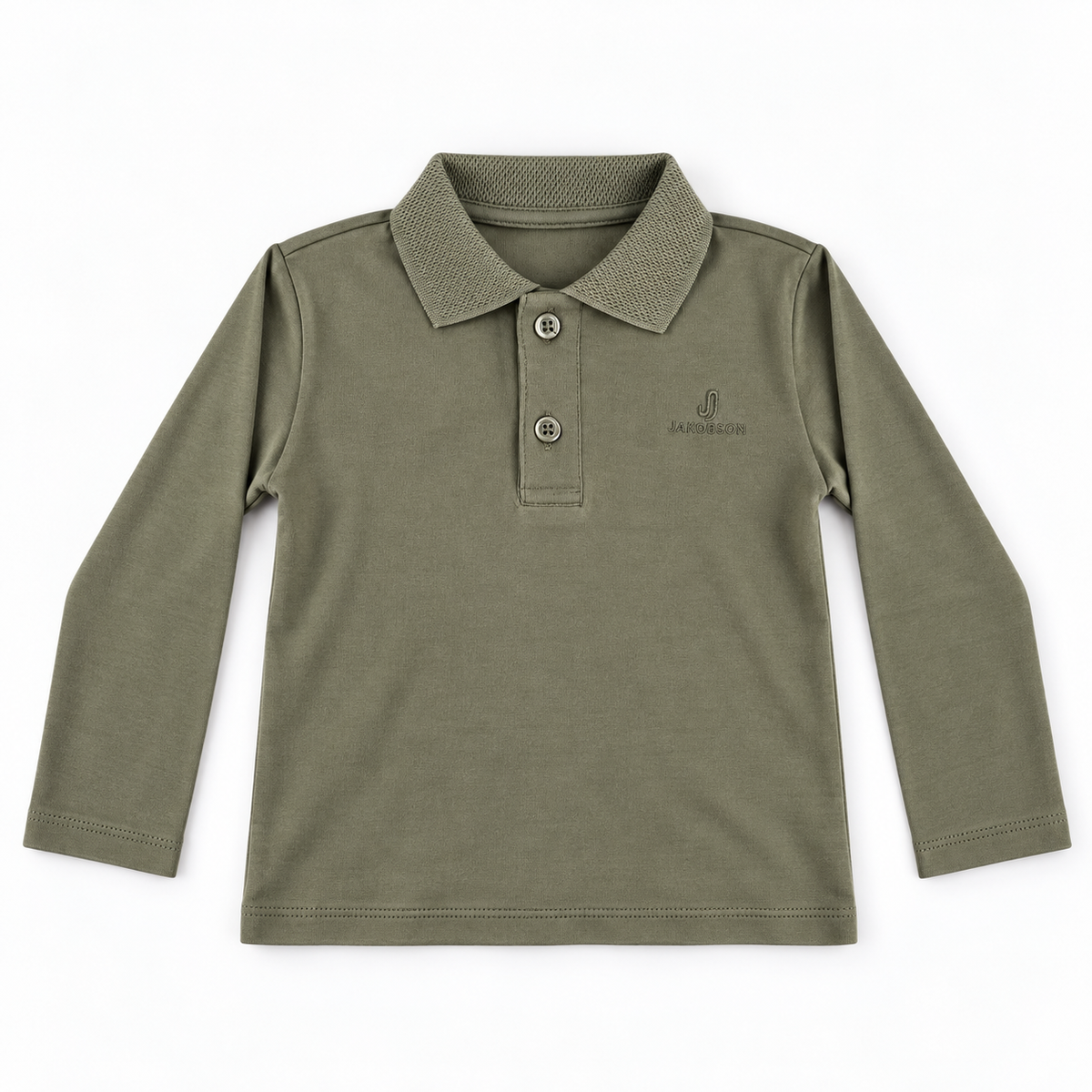 Olive green long-sleeve toddler polo shirt with a collar and two-button placket, flat on a white background