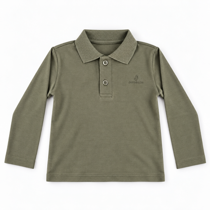 Olive green long-sleeve toddler polo shirt with a collar and two-button placket, flat on a white background